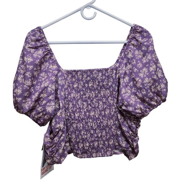 Celebrity Pink Purple Floral Puff Sleeve Ruched Top Womens Cropped Blouse Size M - Picture 2 of 9